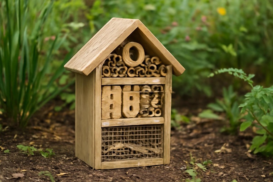 A compact DIY insect hotel made from natural materials in a garden