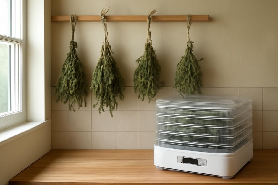 Bundles of drying herbs hanging in a kitchen next to a modern dehydrator