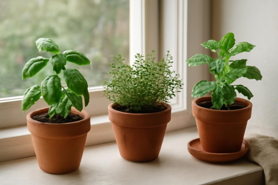 Windowsill herb garden with basil, thyme, and mint in small pots